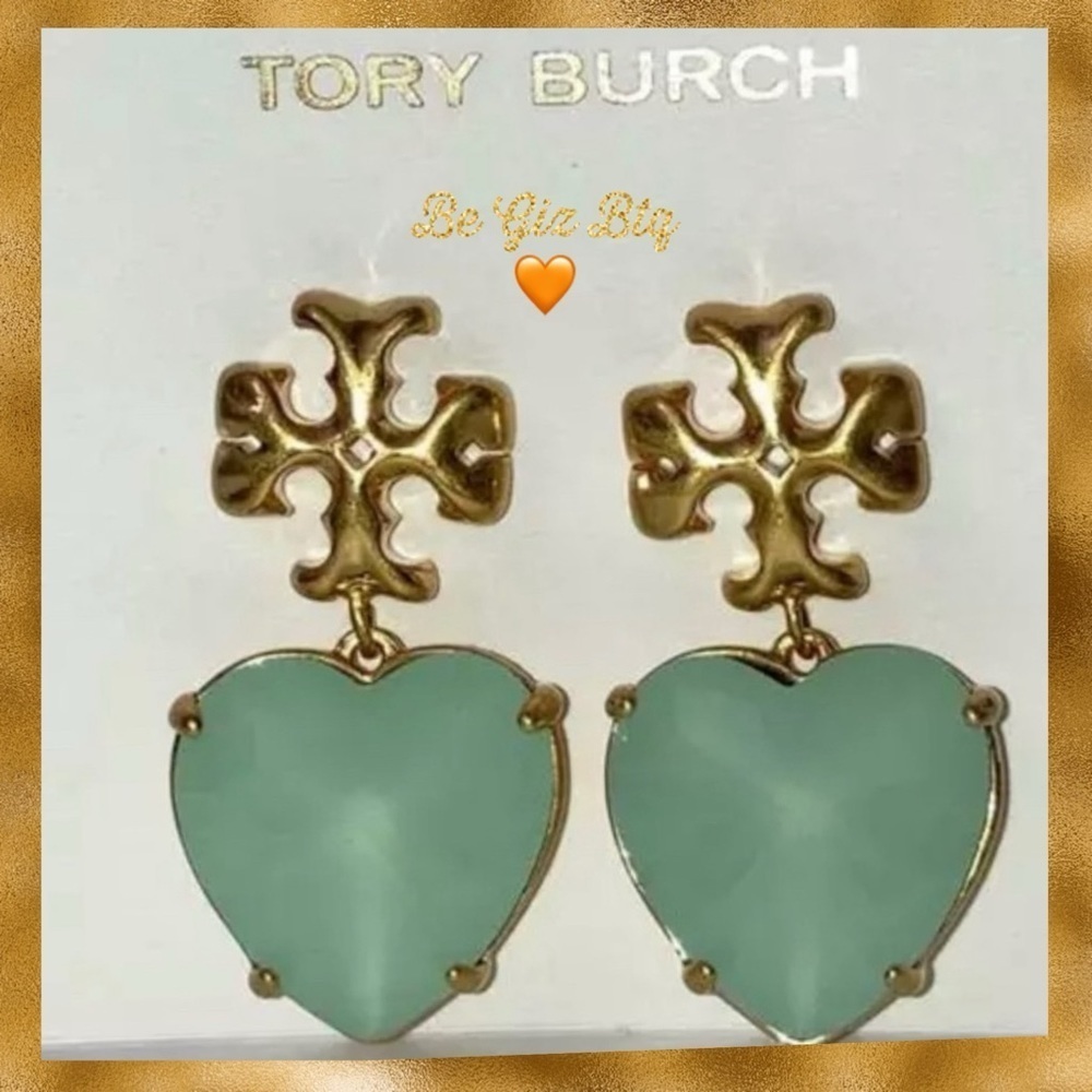 Tory Burch Authentic Roxanne Gold & Crystal Heart Earrings Soft Mint Green NWOT - Picture 5 of 11